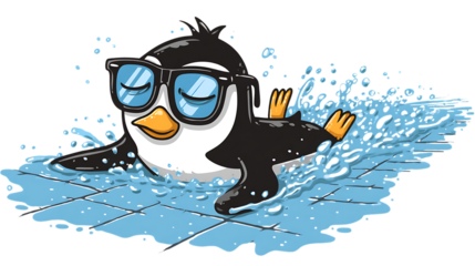 Cool Penguin in Sunglasses Swimming in Pool Water Splashing Illustration