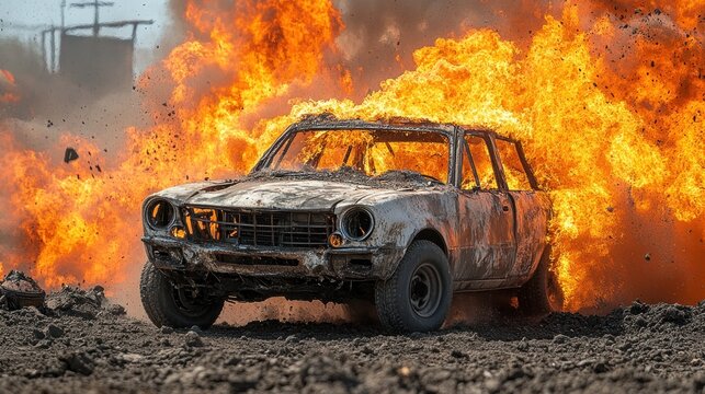 Burning Car Demolition Derby Fiery Explosion Mayhem Destruction