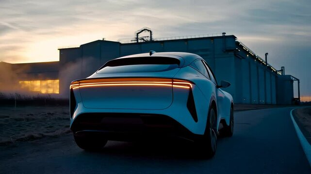Futuristic white electric car stands motionless at twilight near a concrete factory, rear lights glowing as camera slowly circles in silence. Concept of isolation and suspense in industrial setting