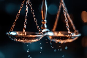 Scales of Justice close-up, metal, with water droplets hanging from the bowls, dark background