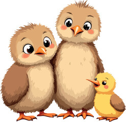 Vsai two brown baby chickens looking at small yellow chick