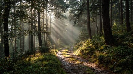 Obraz premium Misty forest path with sunbeams shining through trees, perfect for nature, fantasy, or background themes. Calm, magical, and atmospheric landscape.