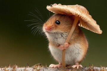 Tiny Mouse Holding Mushroom Umbrella in Nature with Bluebell Flowers Nearby