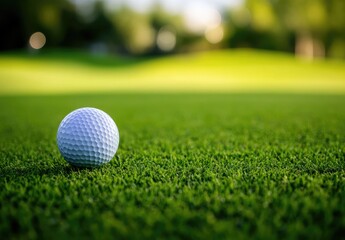 Naklejka premium A close-up view of a golf ball resting on lush green grass. with a serene golf course setting in the background. showcasing a sunny day perfect for playing golf