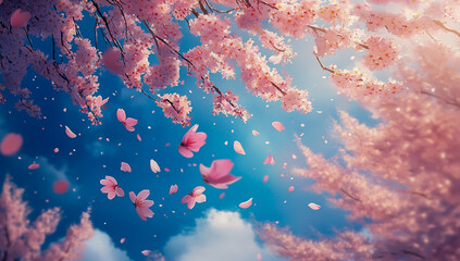 The sky is filled with tender cherry blossoms, their petals gently floating in the breeze, creating a magical atmosphere of tranquility and beauty.
