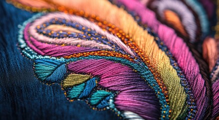 A vibrant close-up of intricately woven fabric showcasing a spectrum of colors and textures. perfect for textile design inspiration or artistic projects