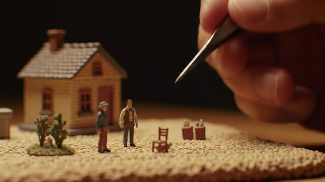 A person carefully uses tweezers to arrange tiny figures next to a small house, bringing a miniature scene to life. The setting showcases a handcrafted environment full of detail and creativity.
