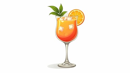 Vector Cocktail Glass with Orange Slice, Mint, and Ice – Summer Garnish in Frosted Style on White Background