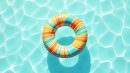 3D Floating Pool Ring with Retro Turquoise, Orange, and Yellow Patterns – Transparent Background with Water Reflection