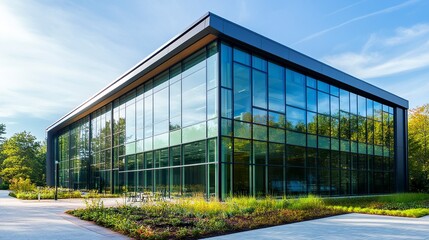 Obraz premium Contemporary office building with transparent glass walls and green landscaping, embodying an environmentally friendly and modern aesthetic. 