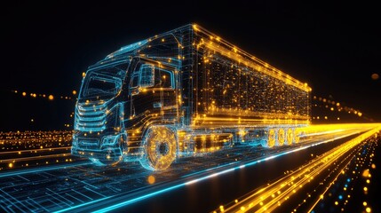 A futuristic representation of a glowing semi-truck traveling along a digital highway. illuminated by neon lights. symbolizing advanced transportation technology and innovation