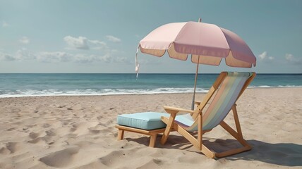Modern Pastel Beach Chair and Umbrella Set – Soft 3D Shaded Summer Graphic on Transparent Background