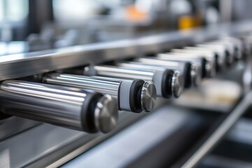 Naklejka premium Industrial conveyor rollers. Close-up of a row of stainless steel rollers, likely part of a production line