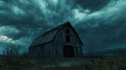 Fototapeta premium A weathered barn stands resolute amidst a stormy sky.