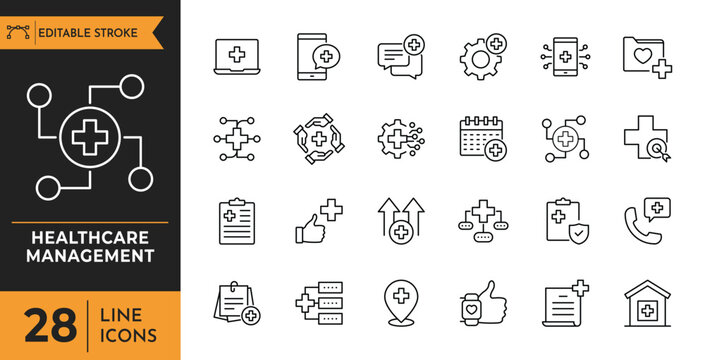 Healtcare management line icon set. contain icons related to Diagnosis, monitoring, record etc. Editable stroke. Vector illustration