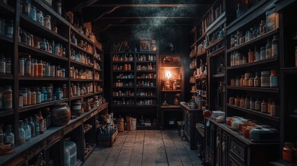 Fototapeta premium Dark, antique apothecary shop interior, dimly lit.