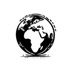Stylized depiction of globe showcasing continents, rendered in monochrome vector art
