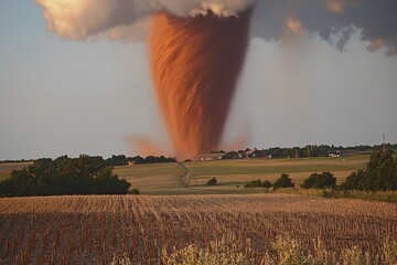 Massive tornado descends from turbulent clouds toward houses on a rural landscape during the daytime