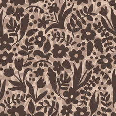 Artistic groovy floral background. Decorative botanical seamless pattern with silhouette shapes of leaves and flowers. Artisanal allover print, vector wallpaper, for fabric, textile, paper, package