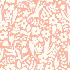 Artistic groovy floral background. Decorative botanical seamless pattern with silhouette shapes of leaves and flowers. Artisanal allover print, vector wallpaper, for fabric, textile, paper, package