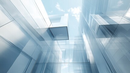 Fototapeta premium Contemporary office tower with clean geometric design, glass walls reflecting the blue sky, crisp and professional business aesthetic. 