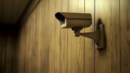 Security camera mounted on a wood paneled wall, surveillance technology, privacy, safety, monitoring.