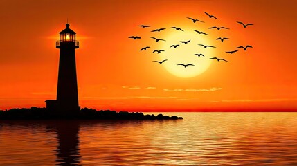 Silhouette lighthouse at sunset over calm water with birds.