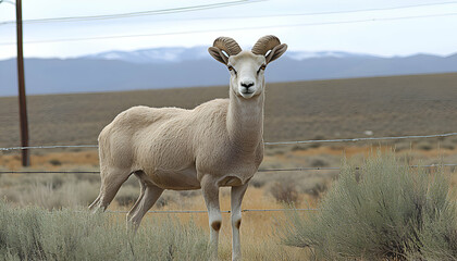 Obraz premium A majestic desert bighorn sheep stands calmly by a fence, its gaze directly at the camera. The backdrop features a vast, dry landscape under a muted sky.