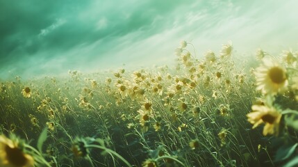 Fototapeta premium Misty morning light illuminates sunflowers in a field under a dramatic, atmospheric teal sky