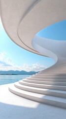 A serene view of a spiral staircase leading to the ocean. framed by elegant arches. with clear skies and gentle waves in the background. perfect for travel or architectural themes