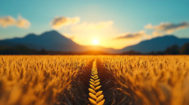 Fototapeta Golden Wheat Field Path at Sunset with Mountain Background