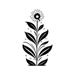 Monochrome sunflower illustration with detailed petals and stylized leaf arrangement