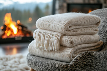 Pile of blankets on chair by fireplace.