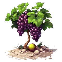 Obraz premium Lush Grapevine Abundantly Bears Ripe Purple Grapes, a Golden Orb Rests at its Base, a Vibrant Cartoon Illustration