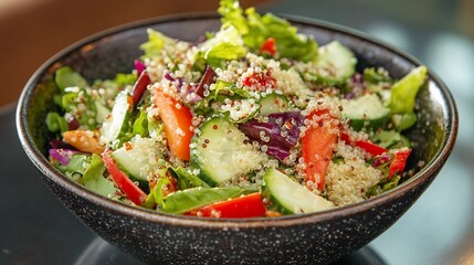 Delicious and colorful quinoa salad with fresh vegetables close up shot
