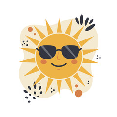 Smiling sun with sunglasses and decorative accents in warm yellow and black vector illustration 