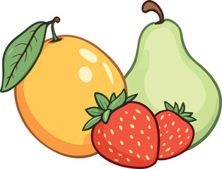 Vsai orange, pear and strawberries creating a colorful fruit composition