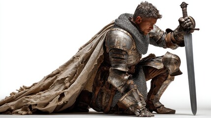 A medieval knight in armor kneeling with a sword ready for battle historical reenactment fan