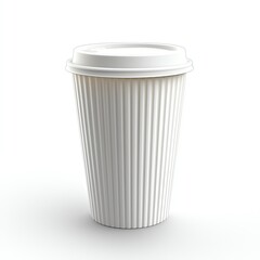 A pristine white takeout coffee cup, perfectly sealed with a lid, sits against a stark white backdrop.