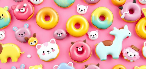 Fototapeta premium Cute cartoon animals shaped like colorful donuts on a pink background Seamless pattern for kids, fabric, cartoon
