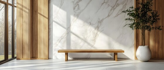 A Minimalist Room With A Wooden Bench, Marble Wall, And Potted Plant. Sunlight Streams Through A Large Window, Creating Shadows.  Serene And Calming Atmosphere.