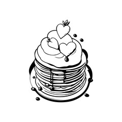 Hand-drawn pancake stack with heart-shaped fruit and syrup artistic creation