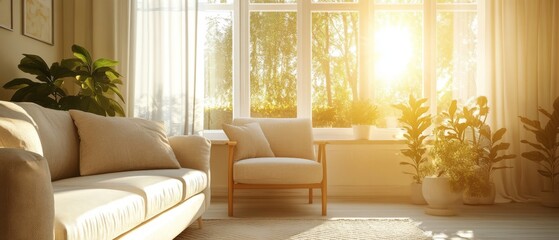 Sunlight Streams Through A Large Window Into A Living Room, Illuminating Beige Couches And Potted Plants.  It'S A Calm, Serene Scene.