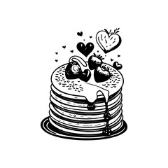 Illustrative stack of pancakes adorned with strawberries and heart shapes