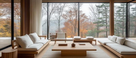A Minimalist Living Room With Floor-To-Ceiling Windows Showcasing An Autumnal Forest View. Light, Neutral Colors And Natural Wood Create A Serene Atmosphere.
