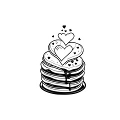 Delightful stack of heart-shaped pancakes drizzled with syrup, charming sketch