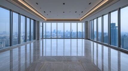 Obraz premium Empty floors in a high-rise building in Qingdao's financial district, modern design with sleek finishes and expansive city views. 