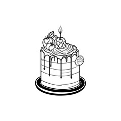 Delicious monochrome cake illustration with drip icing and charming embellishments