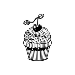 Stylized monochrome cupcake graphic with cherry topping, decorative dessert art