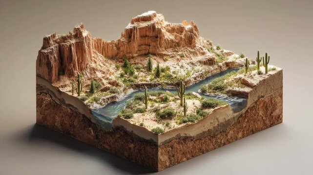 Isometric Desert Landscape with River and Cacti